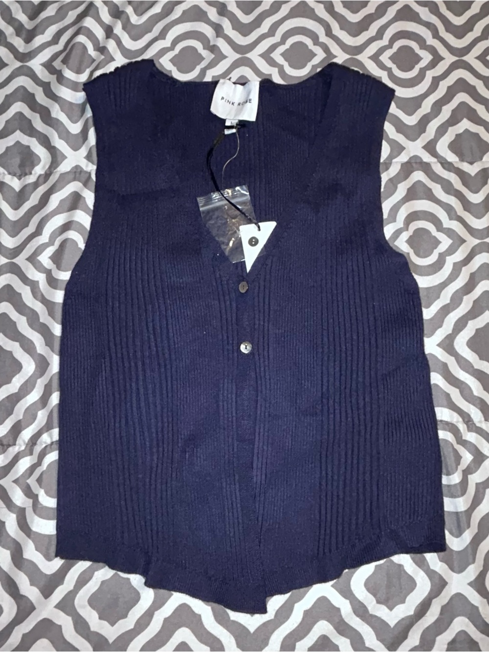 Pink Rose Navy Ribbed Button-Front Tank and Pants